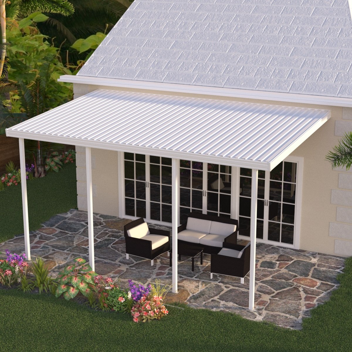 12 ft. Deep x 24 ft. Wide White Attached Aluminum Patio Cover -4 Posts - (10lb Low Snow Area)