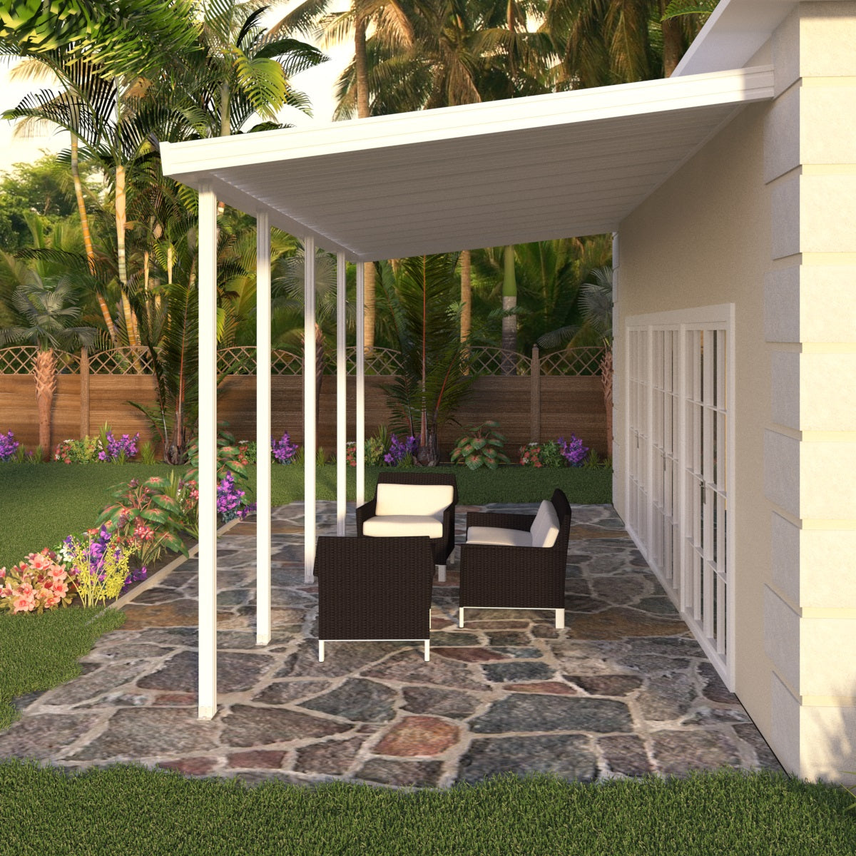 12 ft. Deep x 26 ft. Wide White Attached Aluminum Patio Cover -5 Posts - (20lb Low/Medium Snow Area)