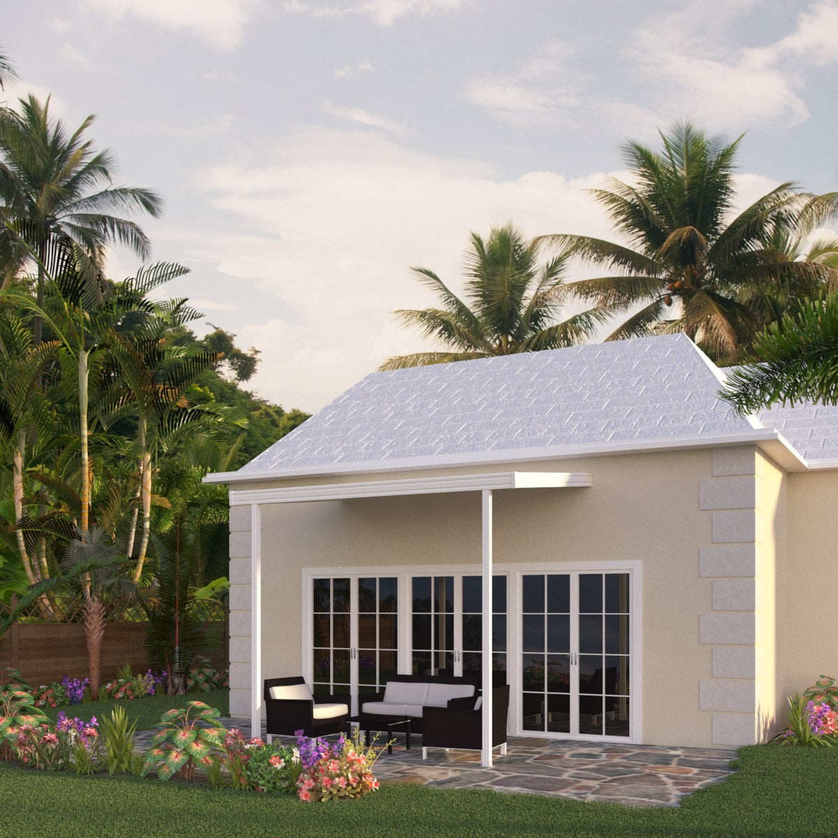 8 ft. Deep x 8 ft. Wide White Attached Aluminum Patio Cover -2 Posts - (10lb Low Snow Area)