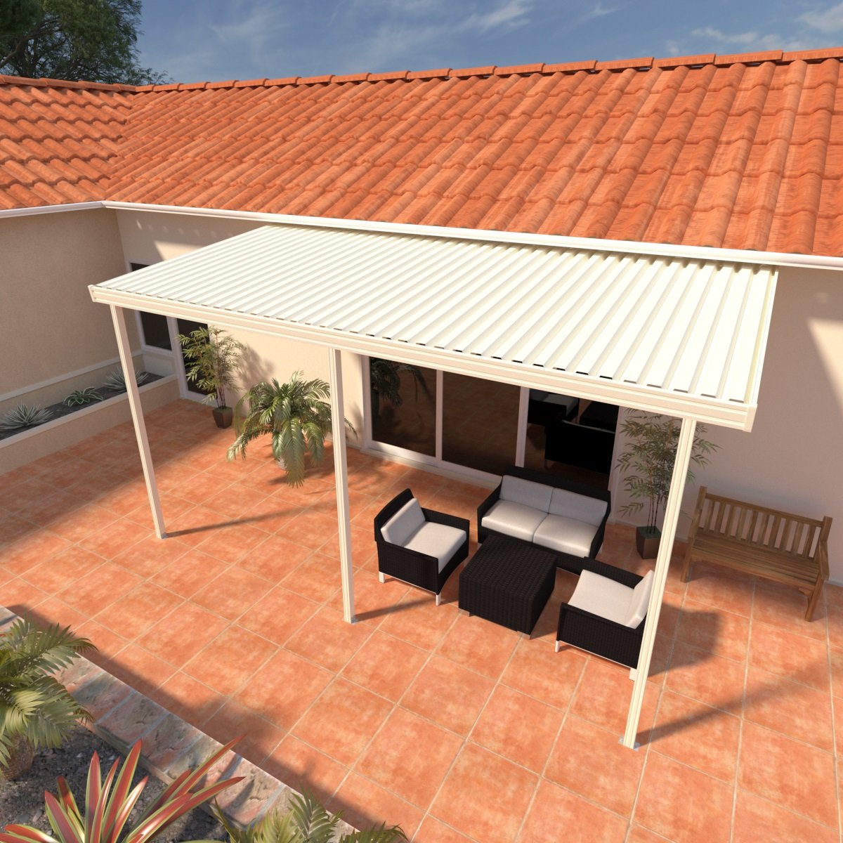09 ft. Deep x 12 ft. Wide Ivory Attached Aluminum Patio Cover -3 Posts - (20lb Low/Medium Snow Area)