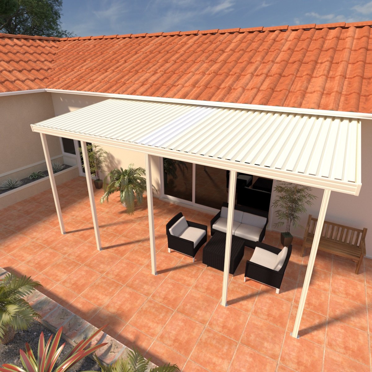14 ft. Deep x 34 ft. Wide Ivory Attached Aluminum Patio Cover -5 Posts - (10lb Low Snow Area)