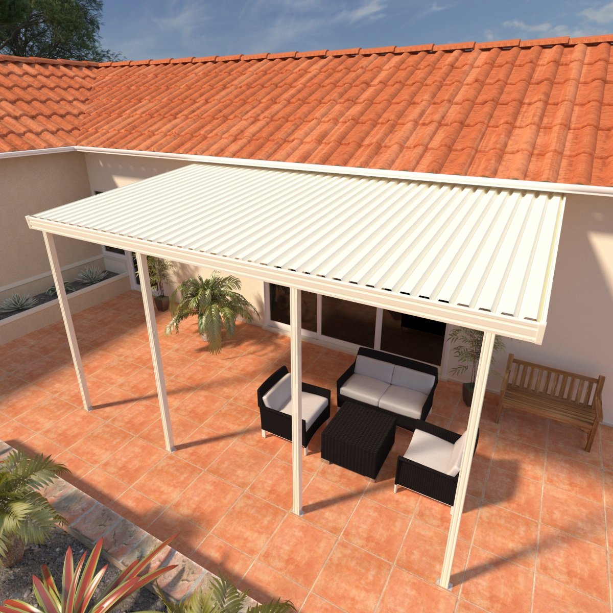 10 ft. Deep x 20 ft. Wide Ivory Attached Aluminum Patio Cover -4 Posts - (30lb Medium/High Snow Area)