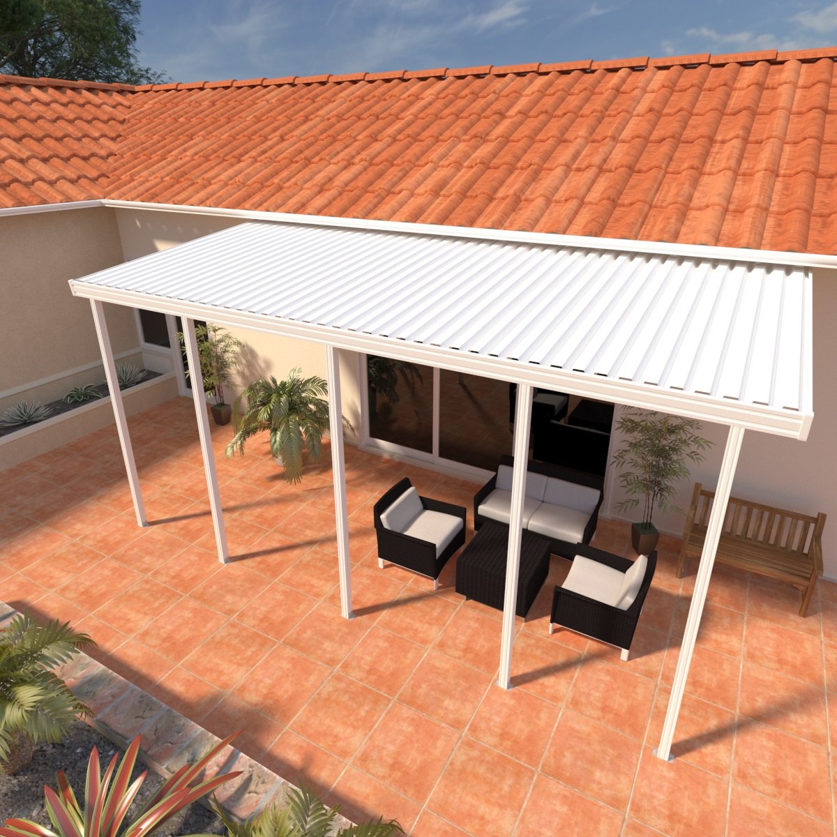 10 ft. Deep x 40 ft. Wide White Attached Aluminum Patio Cover -5 Posts - (10lb Low Snow Area)