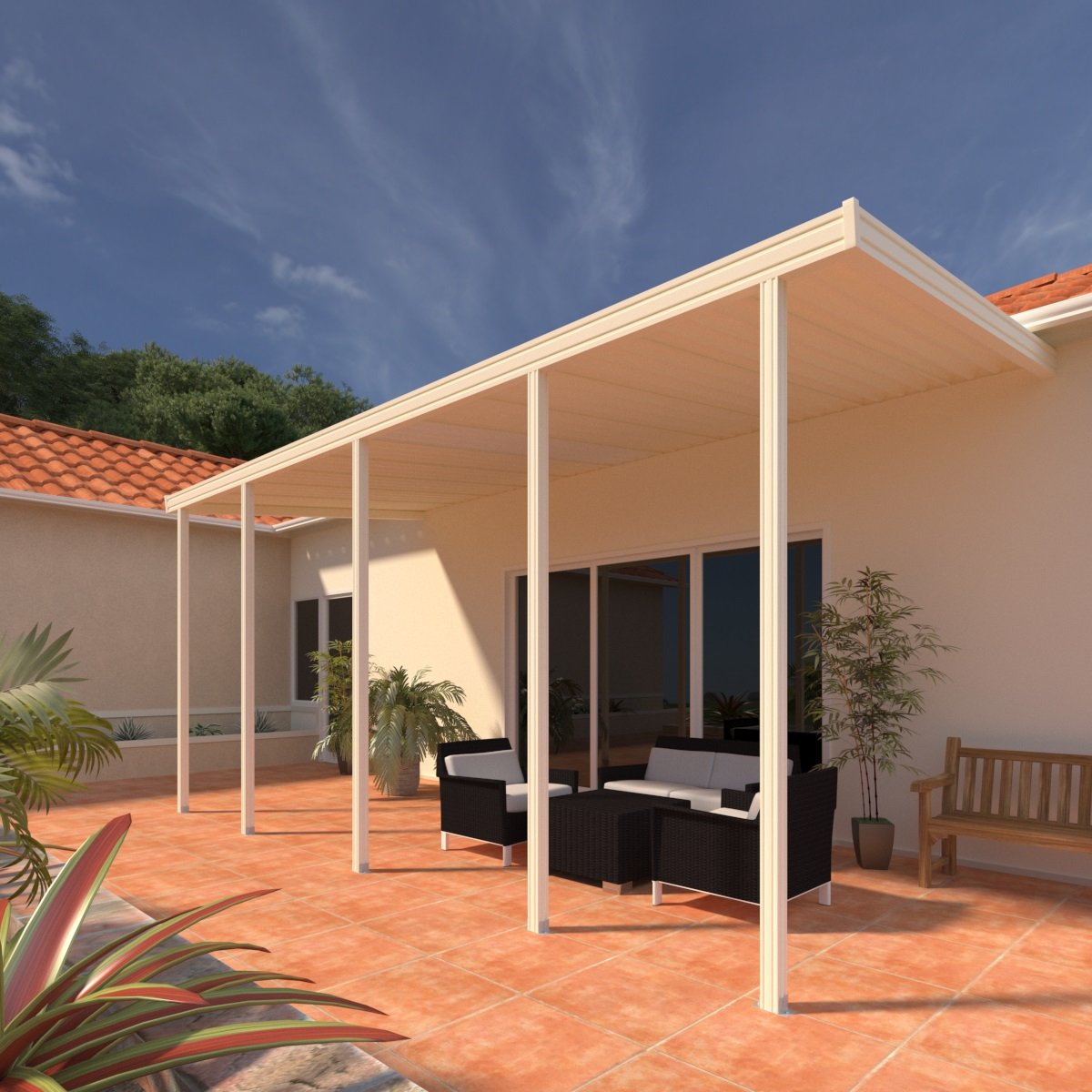 12 ft. Deep x 36 ft. Wide Ivory Attached Aluminum Patio Cover -5 Posts - (10lb Low Snow Area)