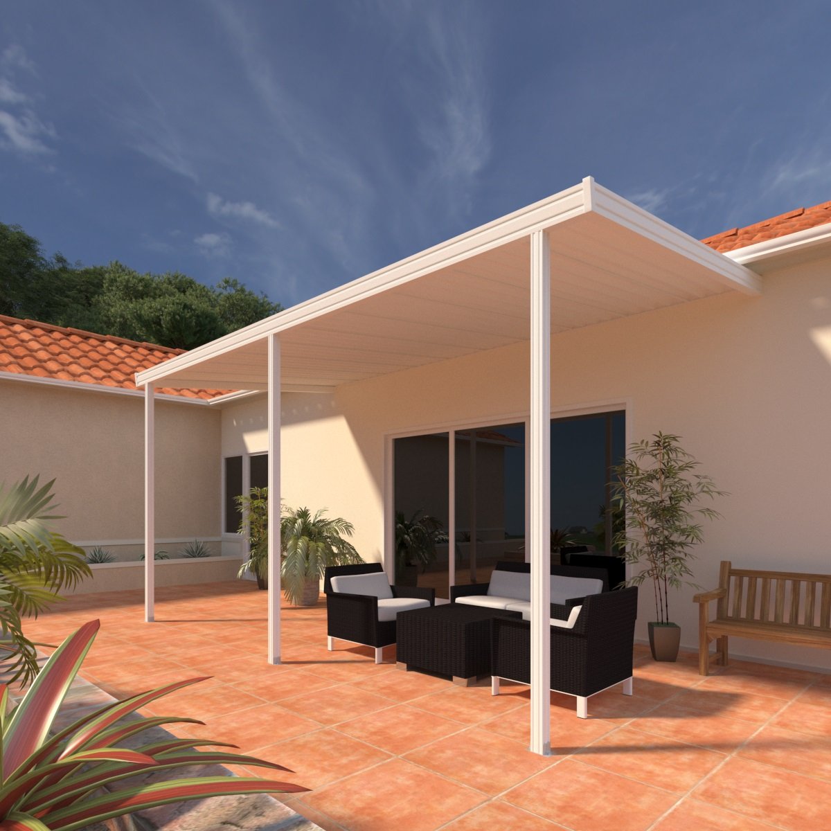 08 ft. Deep x 18 ft. Wide White Attached Aluminum Patio Cover -3 Posts - (10lb Low Snow Area)