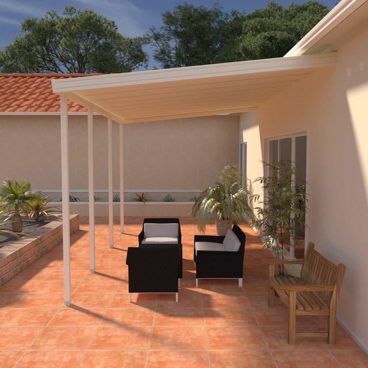 14 ft. Deep x 34 ft. Wide Ivory Attached Aluminum Patio Cover -5 Posts - (10lb Low Snow Area)