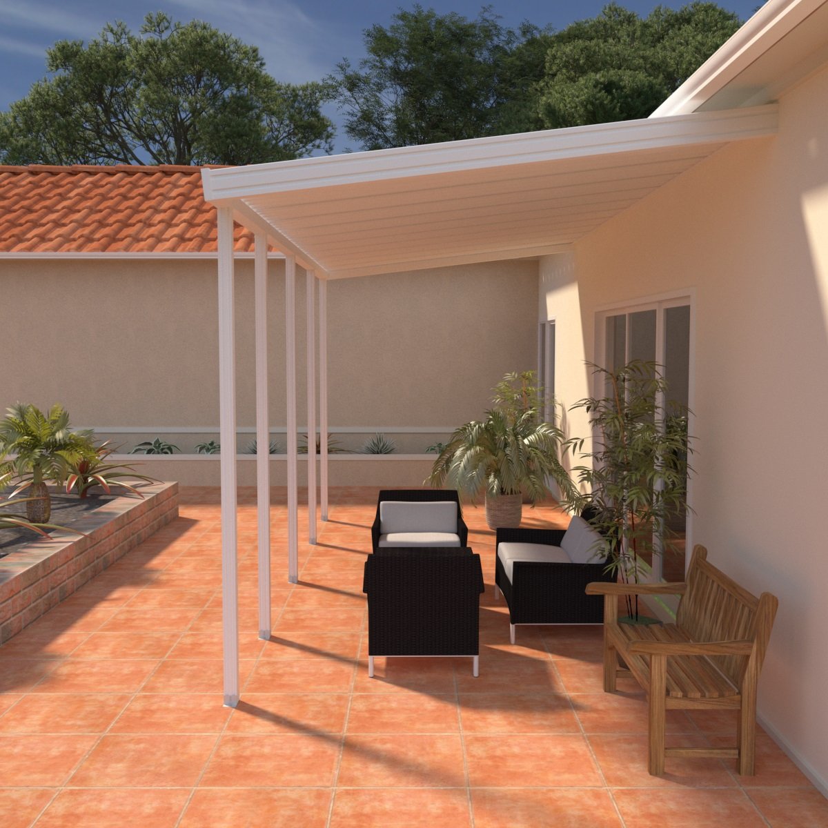 08 ft. Deep x 40 ft. Wide White Attached Aluminum Patio Cover -5 Posts - (10lb Low Snow Area)