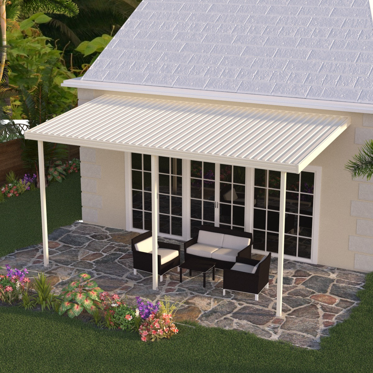 12 ft. Deep x 22 ft. Wide Ivory Attached Aluminum Patio Cover - 3 Posts - (10lb Low Snow Area)