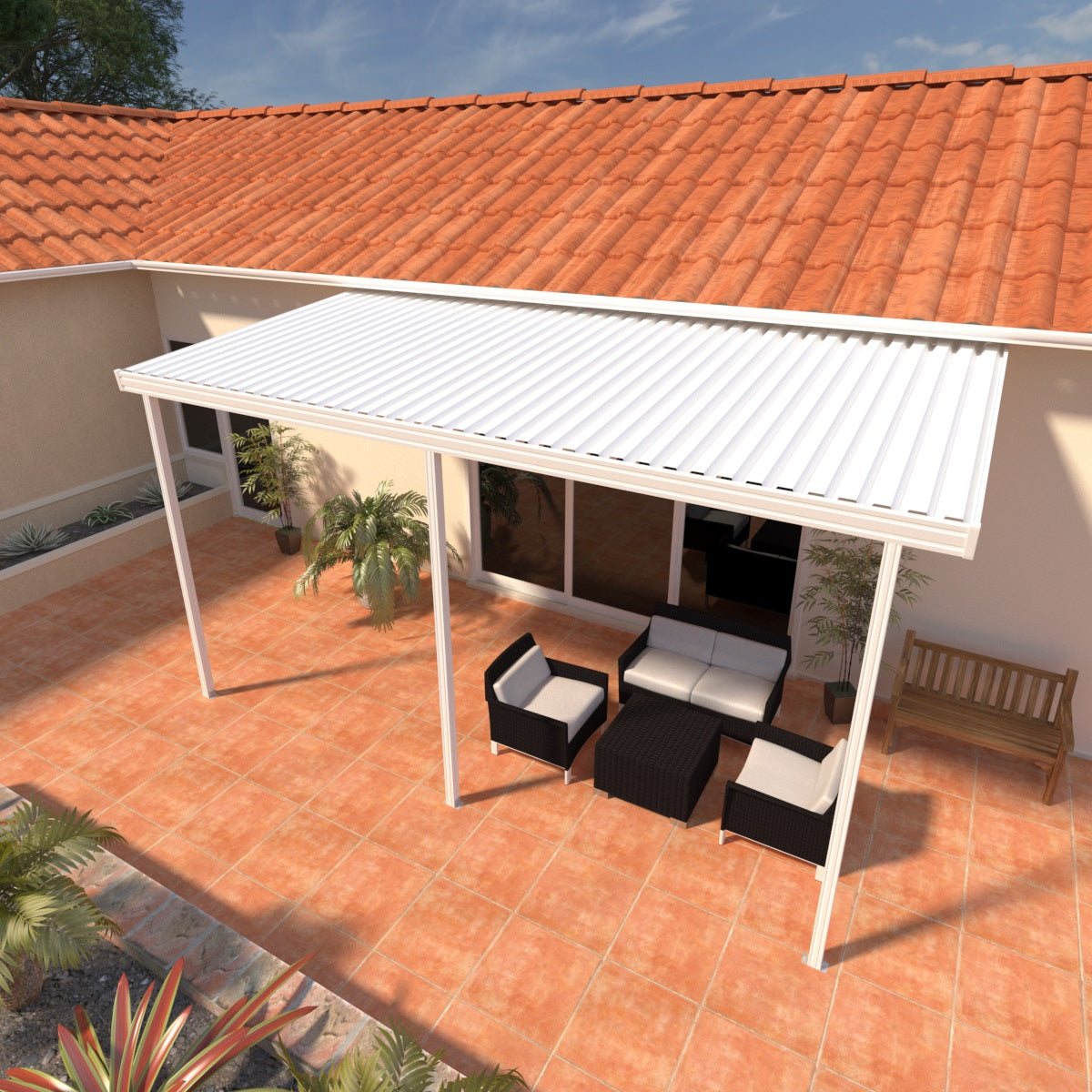 10 ft. Deep x 16 ft. Wide White Attached Aluminum Patio Cover - 3 Posts - (30lb Medium/High Snow Area)