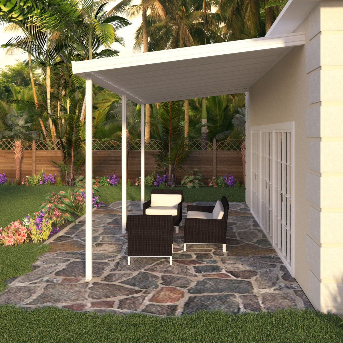 10 ft. Deep x 16 ft. Wide White Attached Aluminum Patio Cover - 3 Posts - (30lb Medium/High Snow Area)