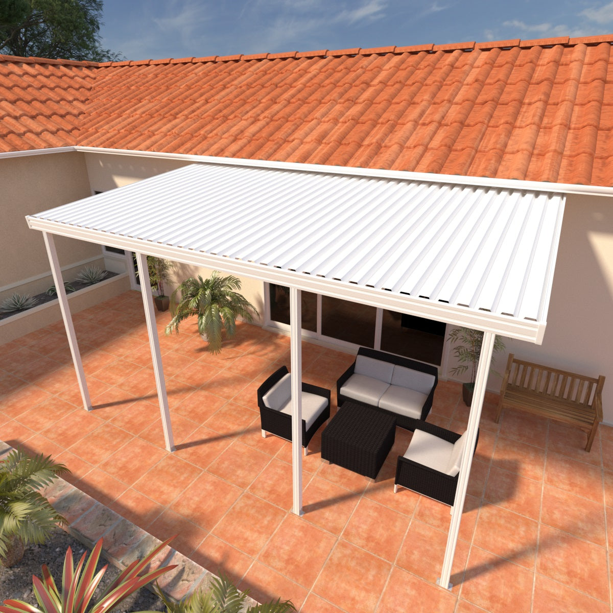 14 ft. Deep x 14 ft. Wide White Attached Aluminum Patio Cover -4 Posts - (10lb Low Snow Area)