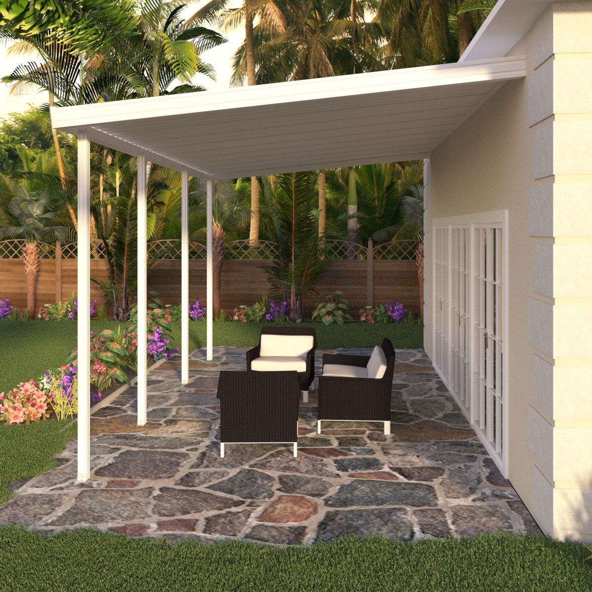12 ft. Deep x 20 ft. Wide White Attached Aluminum Patio Cover - 4 Posts - (10lb Low Snow Area)