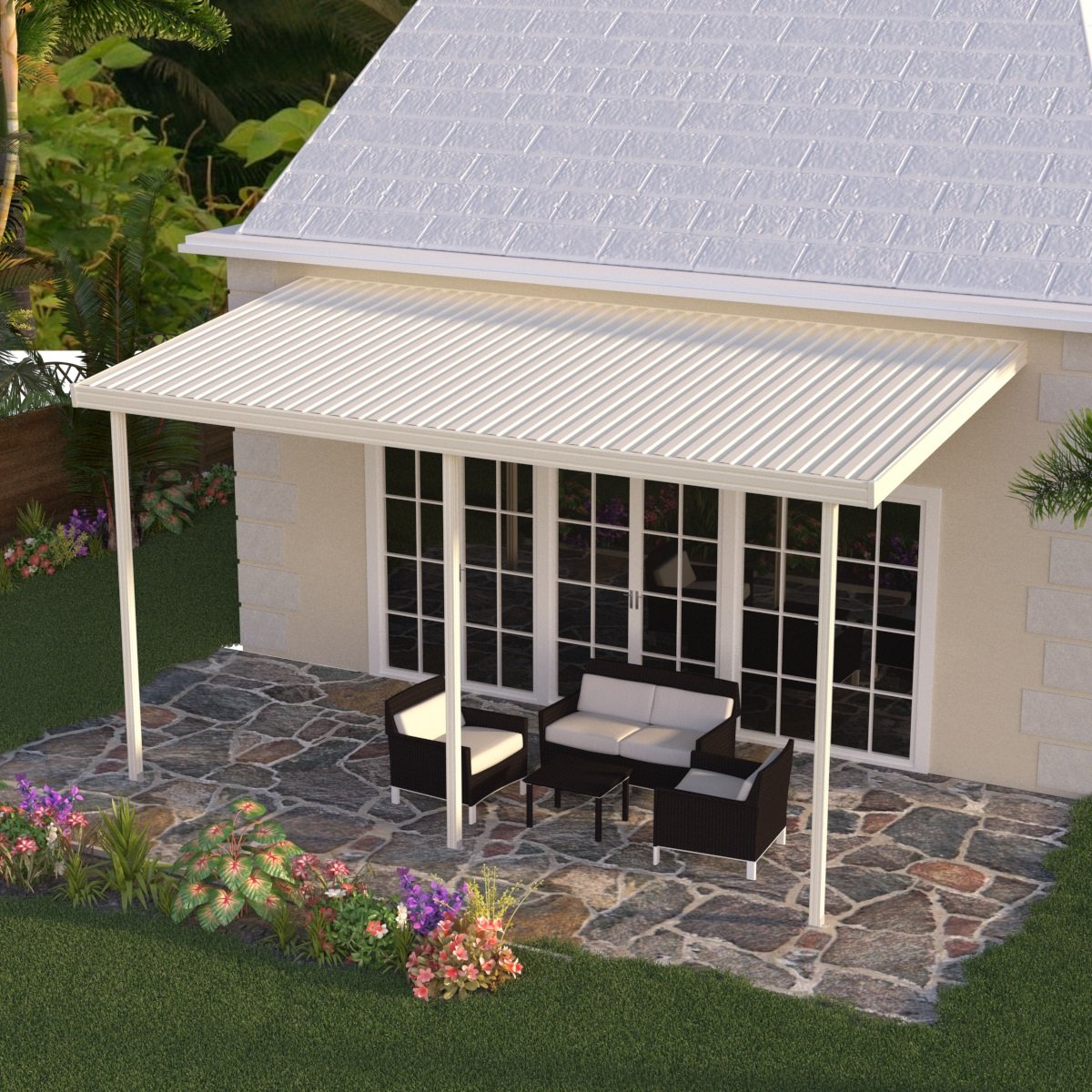 14 ft. Deep x 14 ft. Wide Ivory Attached Aluminum Patio Cover -3 Posts - (10lb Low Snow Area)