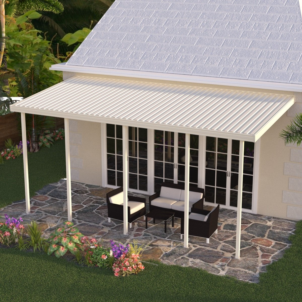 08 ft. Deep x 34 ft. Wide Ivory Attached Aluminum Patio Cover -4 Posts - (10lb Low Snow Area)