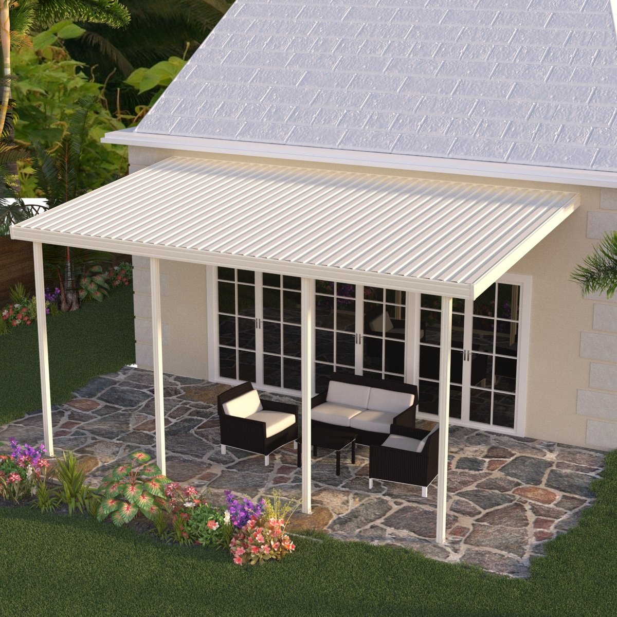 08 ft. Deep x 36 ft. Wide Ivory Attached Aluminum Patio Cover -5 Posts - (10lb Low Snow Area)