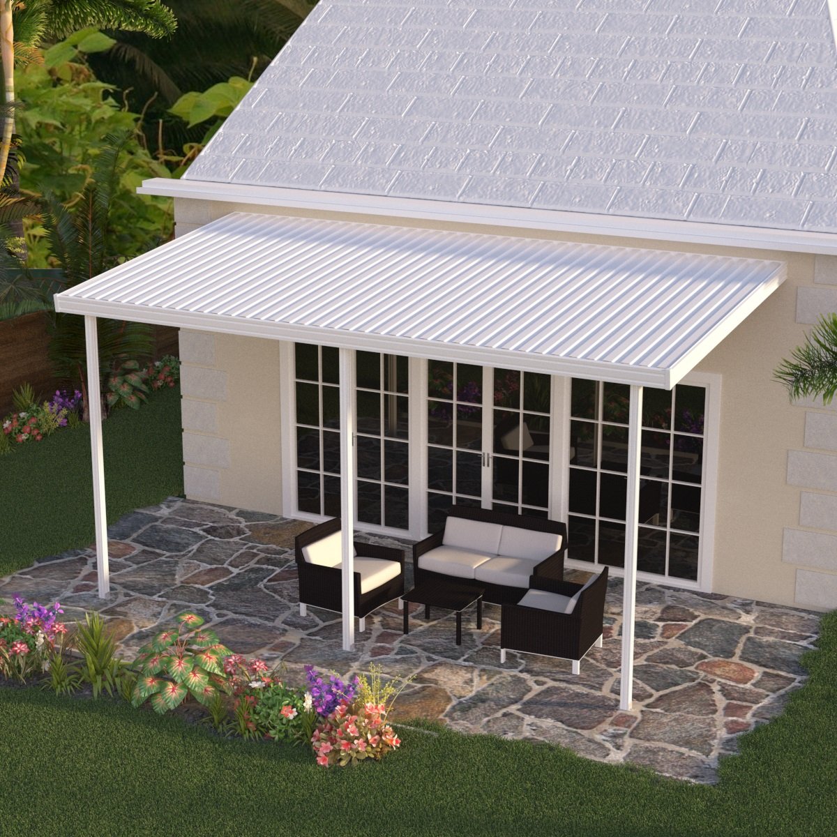 08 ft. Deep x 18 ft. Wide White Attached Aluminum Patio Cover -3 Posts - (10lb Low Snow Area)