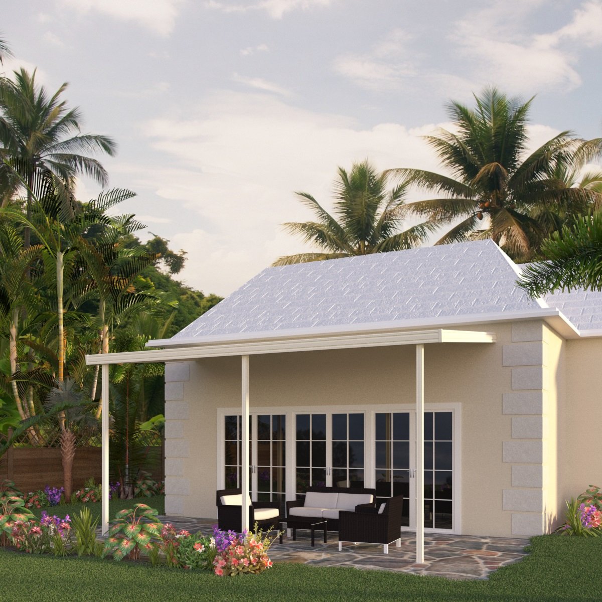 10 ft. Deep x 18 ft. Wide Ivory Attached Aluminum Patio Cover -3 Posts - (20lb Low/Medium Snow Area)