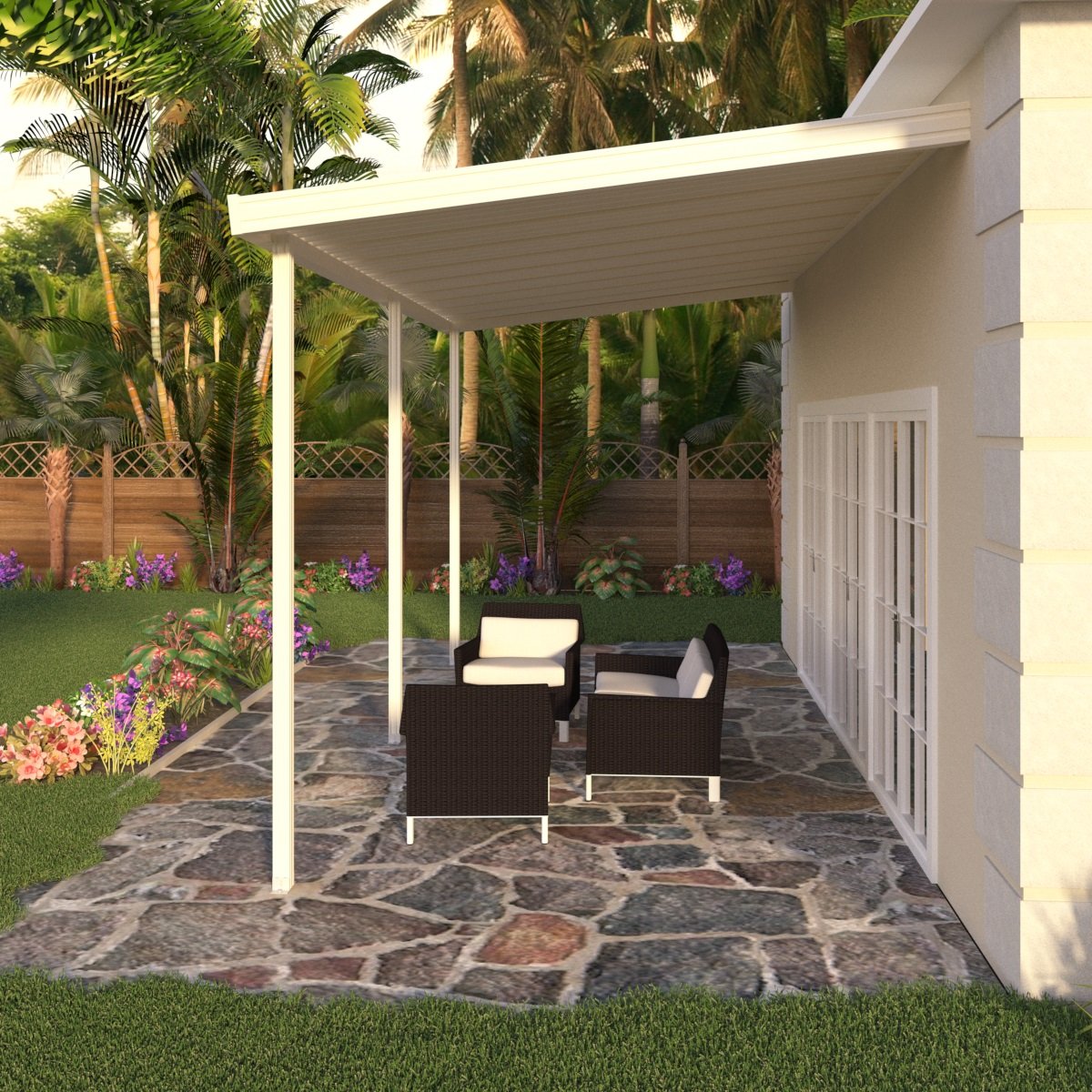 14 ft. Deep x 18 ft. Wide Ivory Attached Aluminum Patio Cover -3 Posts - (10lb Low Snow Area)