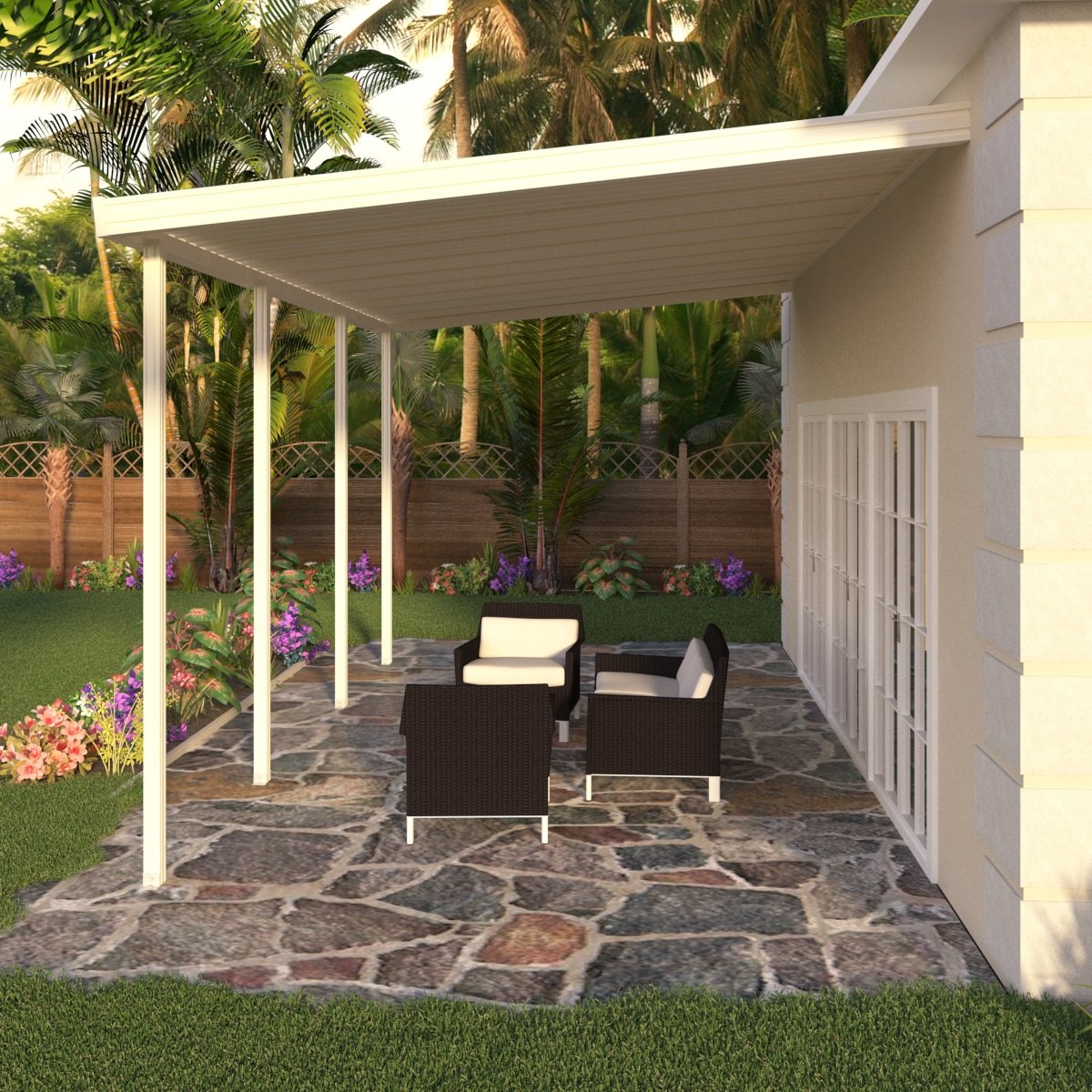 08 ft. Deep x 34 ft. Wide Ivory Attached Aluminum Patio Cover -5 Posts - (20lb Low/Medium Snow Area)