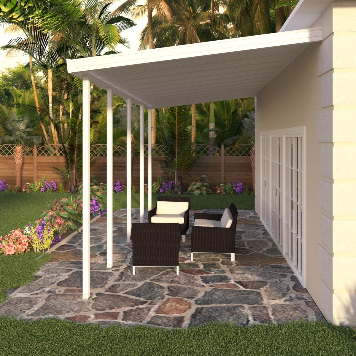 08 ft. Deep x 24 ft. Wide White Attached Aluminum Patio Cover -5 Posts - (30lb Medium/High Snow Area)